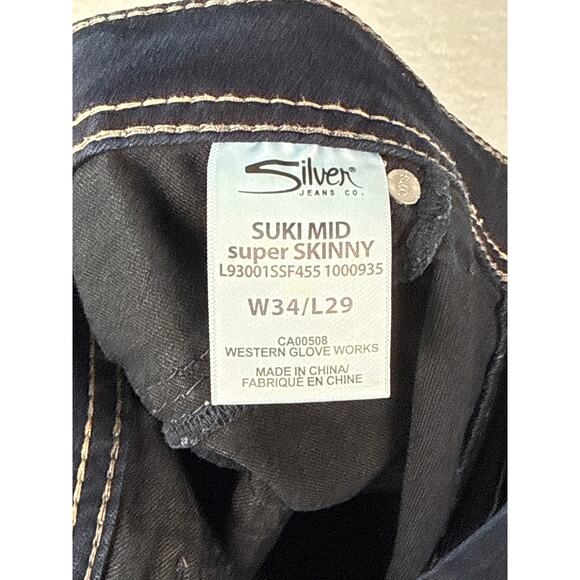 Silver Jeans Suki Super Mid Super Skinny 34x29 Dark Wash Thick Stitch - Picture 2 of 9